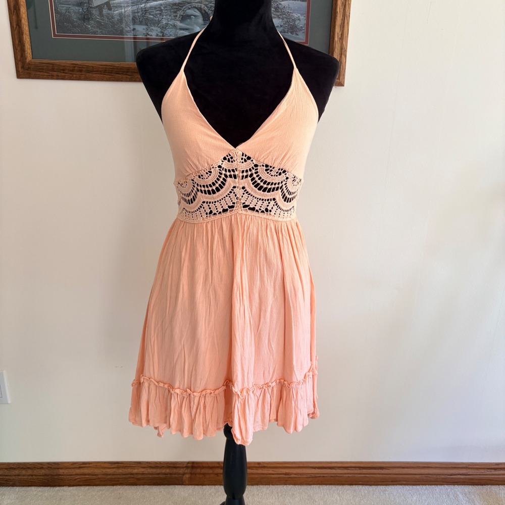 Paper Moon Mini Dress Women Small Peach Crochet Lace Halter Boho Rayon Sun Dress